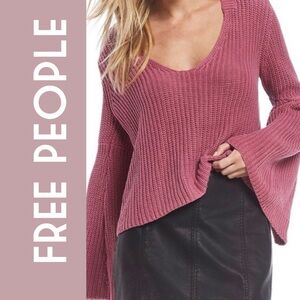 Free People Damsel Cotton Bell Sleeve Sweater Rose Pink Large V-Neck Boho
